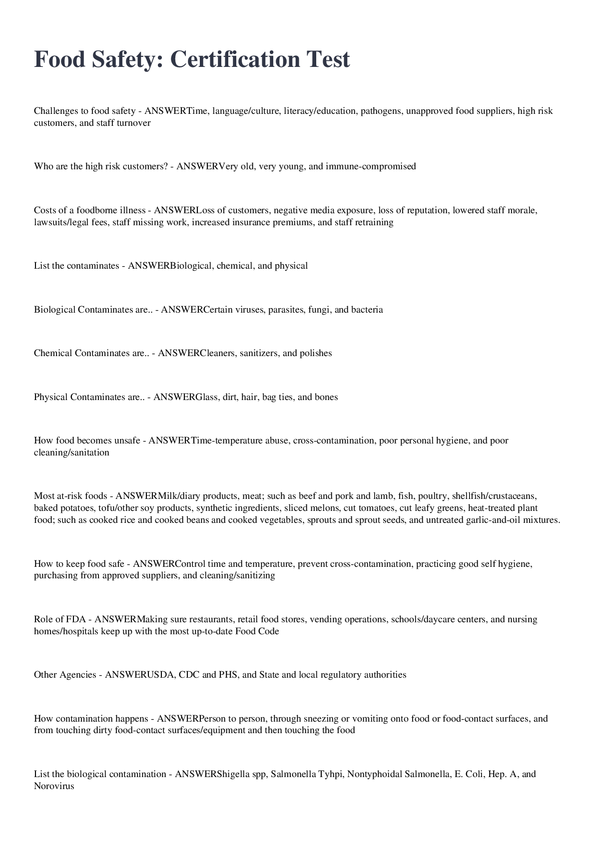 Preview image of Food Safety: Certification final Test 2022/2023 document